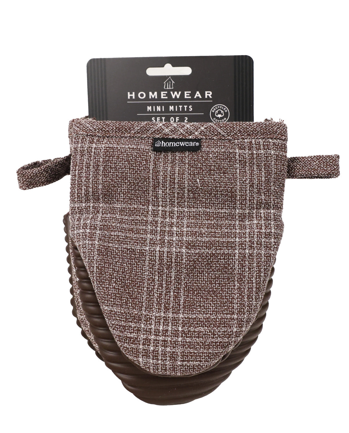A set of two Homewear mini mitts in a brown and beige plaid tweed fabric, shown with their black cardboard retail hanger on a white background.