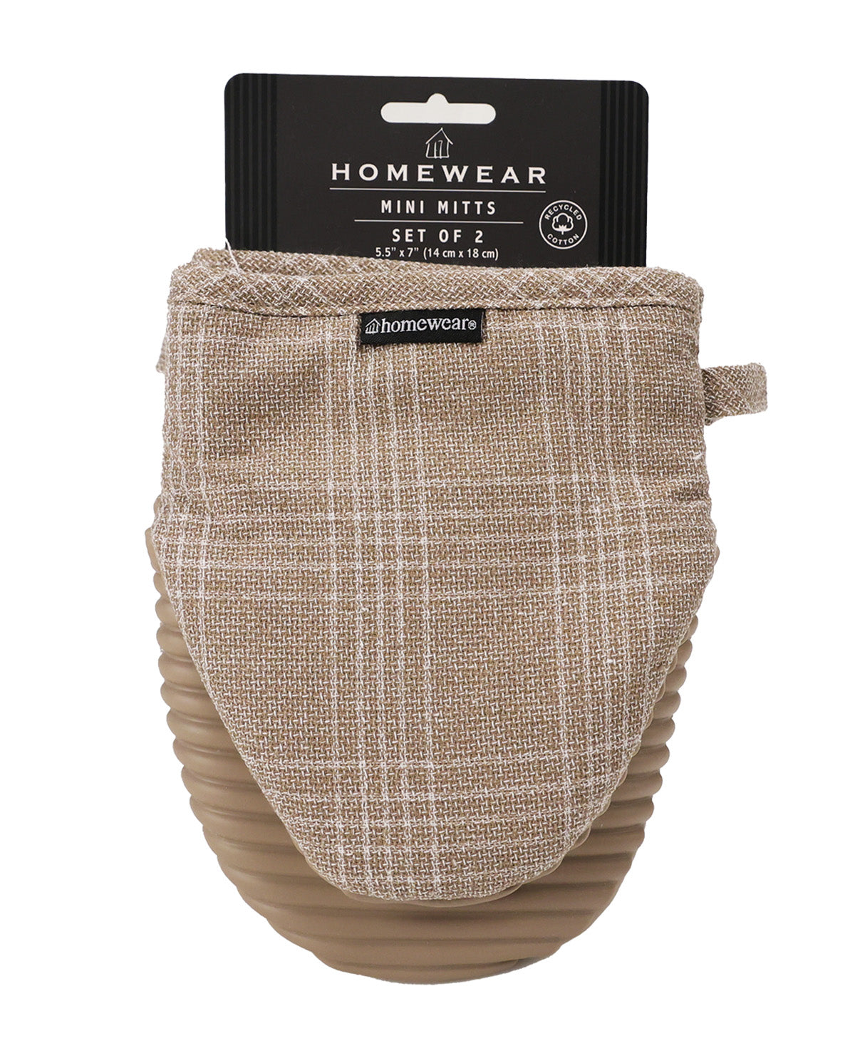 A packaged set of two small homewear mini mitts in a beige and white plaid fabric with ribbed tan handles, shown on a white background with a black retail header card.