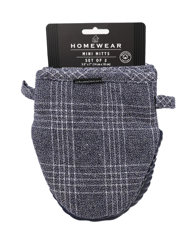 A packaged set of two gray mini knit mitts with a white plaid pattern, attached to a black cardboard header card labeled 'HOMEWEAR MINI MITTS'.