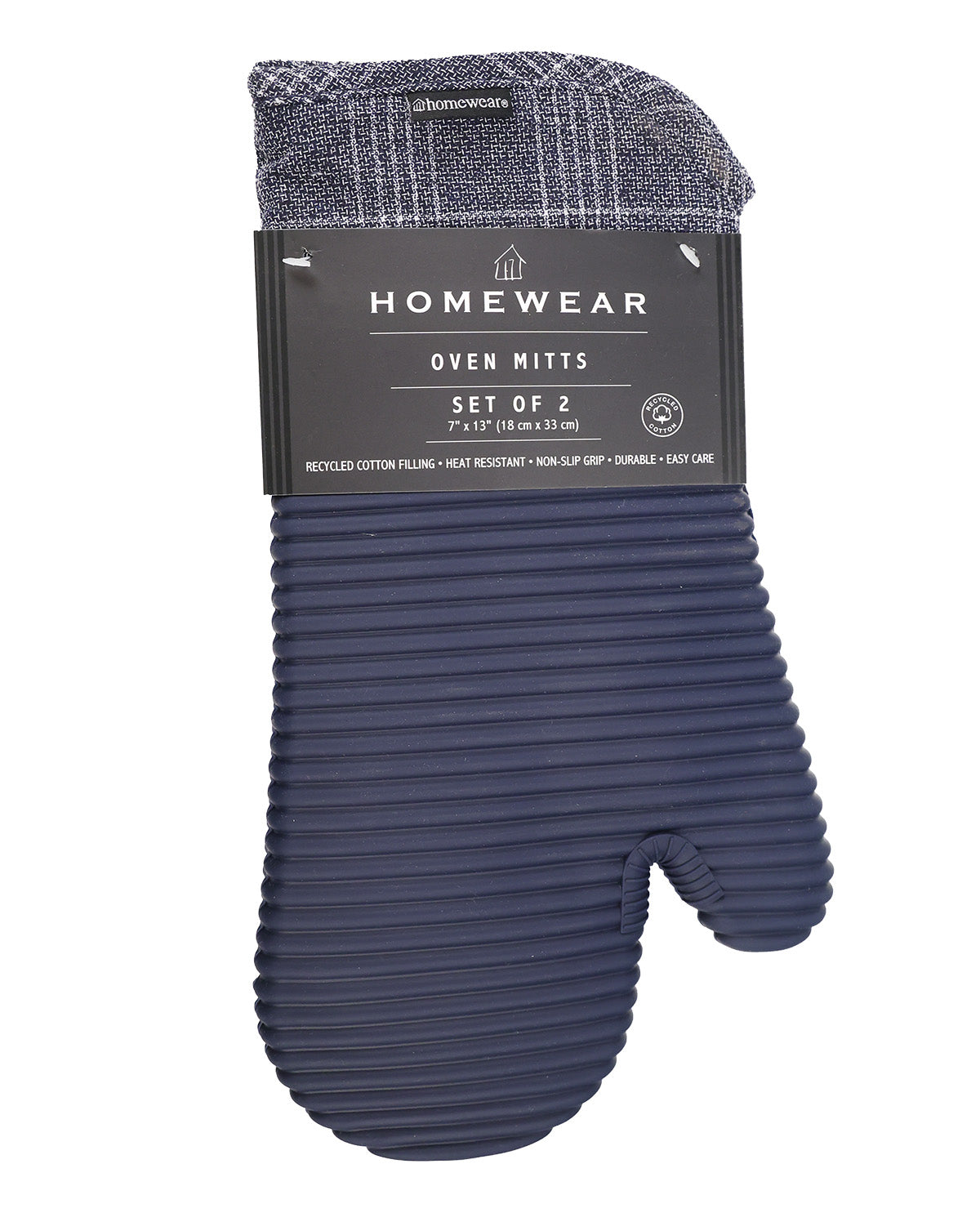 A set of two navy blue ribbed oven mitts with a gray and white plaid cuff, packaged in a black paper sleeve labeled 'HOMEWEAR OVEN MITTS SET OF 2'.