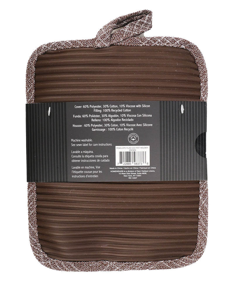 A brown silicone potholder with a textured ribbed surface and a speckled beige and gray fabric trim, wrapped in a black paper band with product specifications.