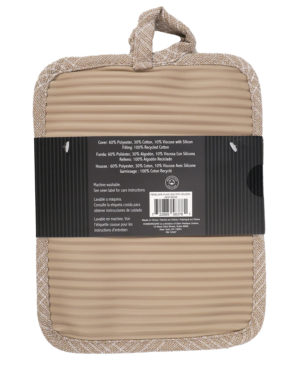 A beige ribbed kitchen pot holder with a matching woven trim and handle, wrapped in a black protective paper band showing product details and a barcode.