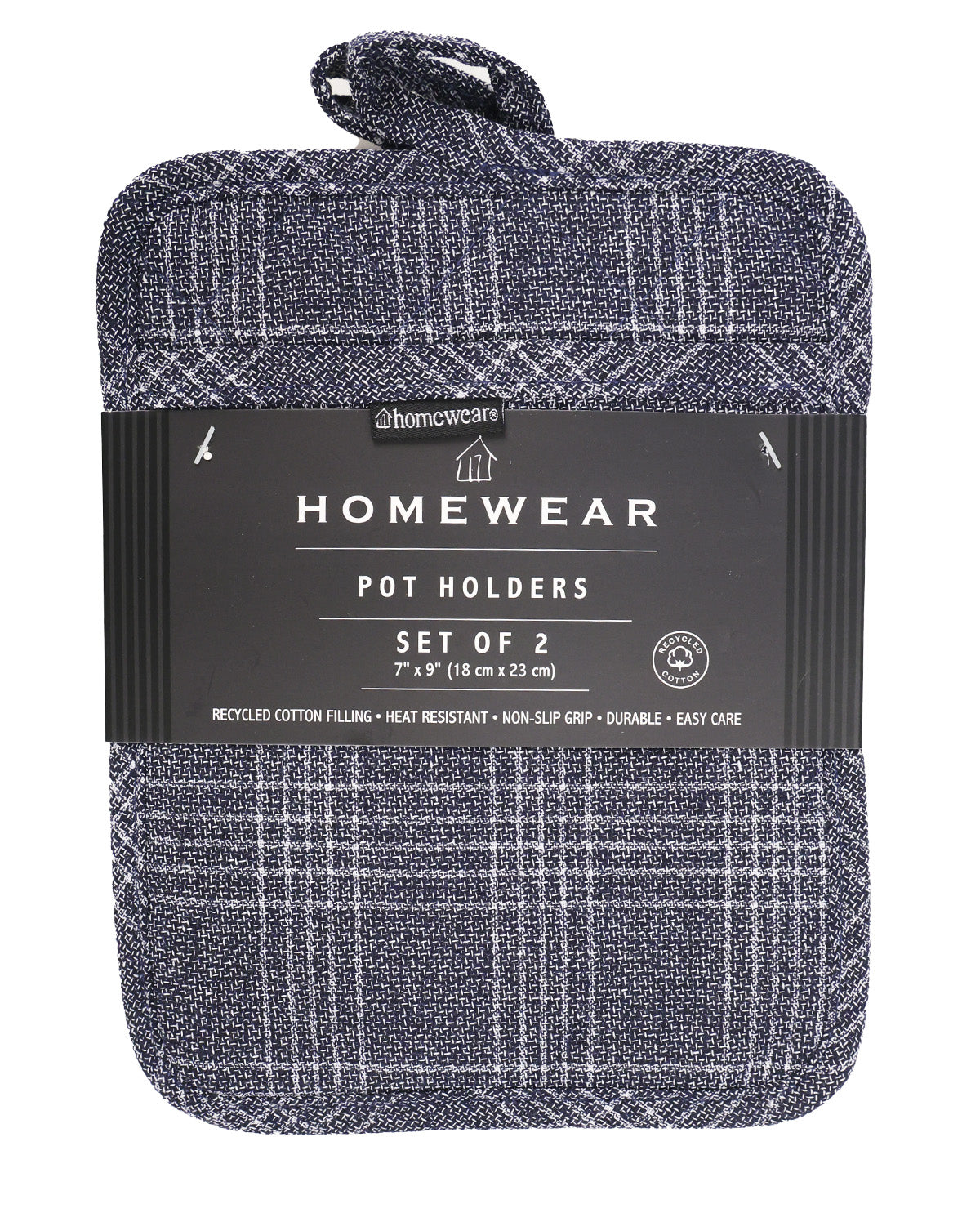 A set of two folded pot holders by Homewear, featuring a dark gray and white plaid pattern with a black paper label wrapped around them.