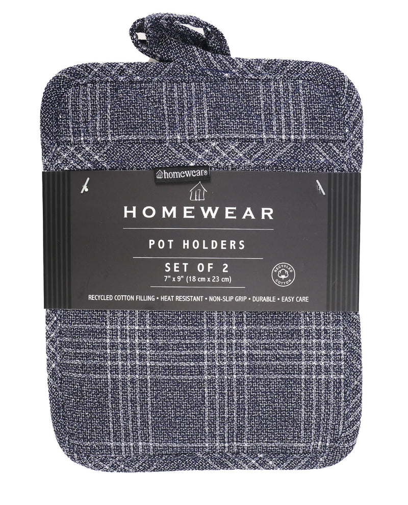 A set of two folded pot holders by Homewear, featuring a dark gray and white plaid pattern with a black paper label wrapped around them.