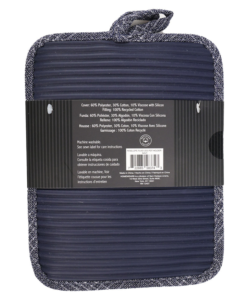 A dark navy blue ribbed potholder with a gray and white heathered fabric trim and a top loop handle, wrapped in a black protective paper band showing product specifications.