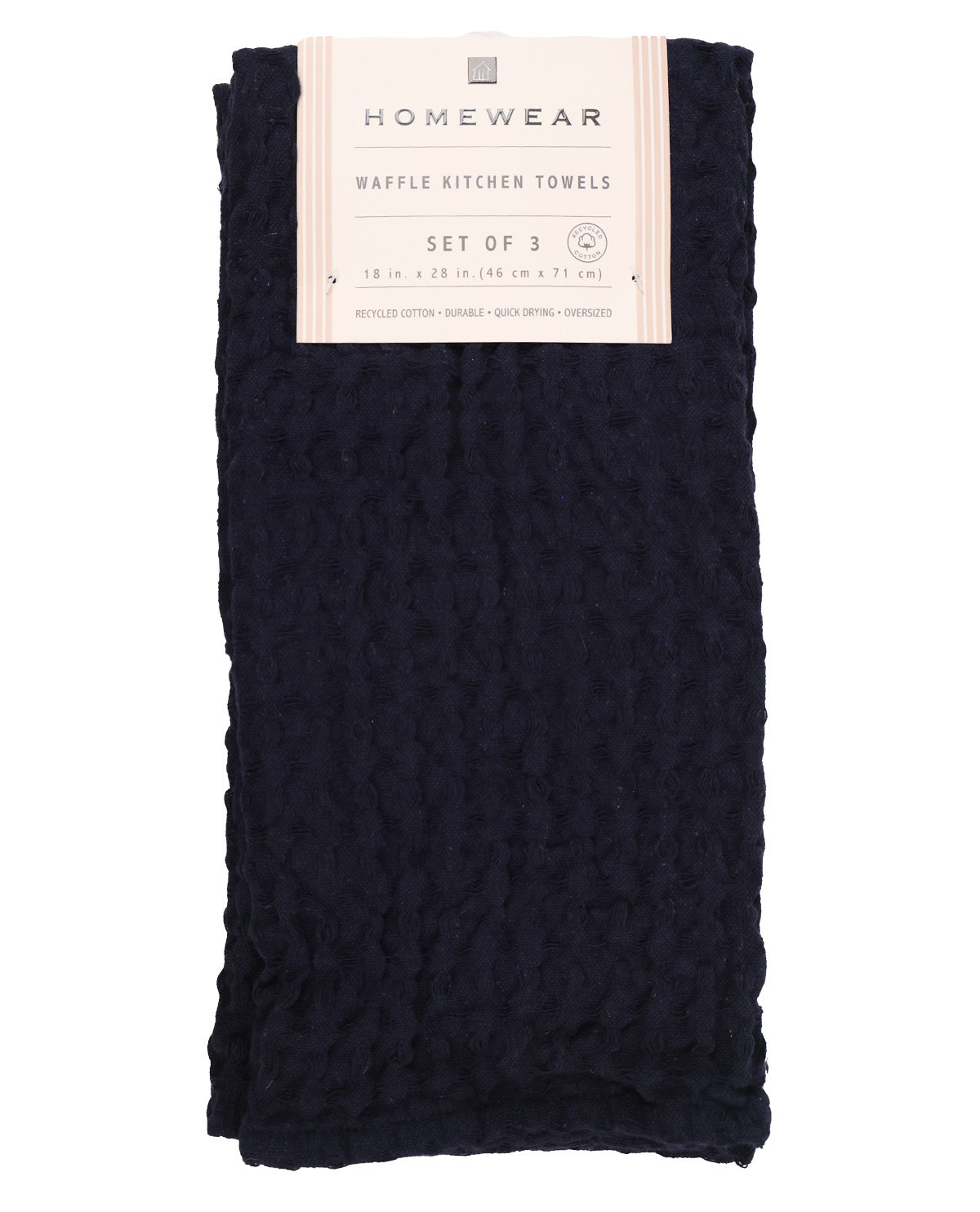 A folded set of three dark navy blue waffle kitchen towels with a cream paper label that reads 'HOMEWEAR'.