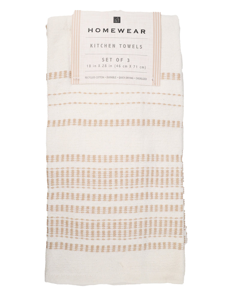 A set of three folded kitchen towels by Homewear, featuring a cream cotton fabric with horizontal stripes in beige and light pink, shown on a plain white background with the paper packaging label visible at the top.