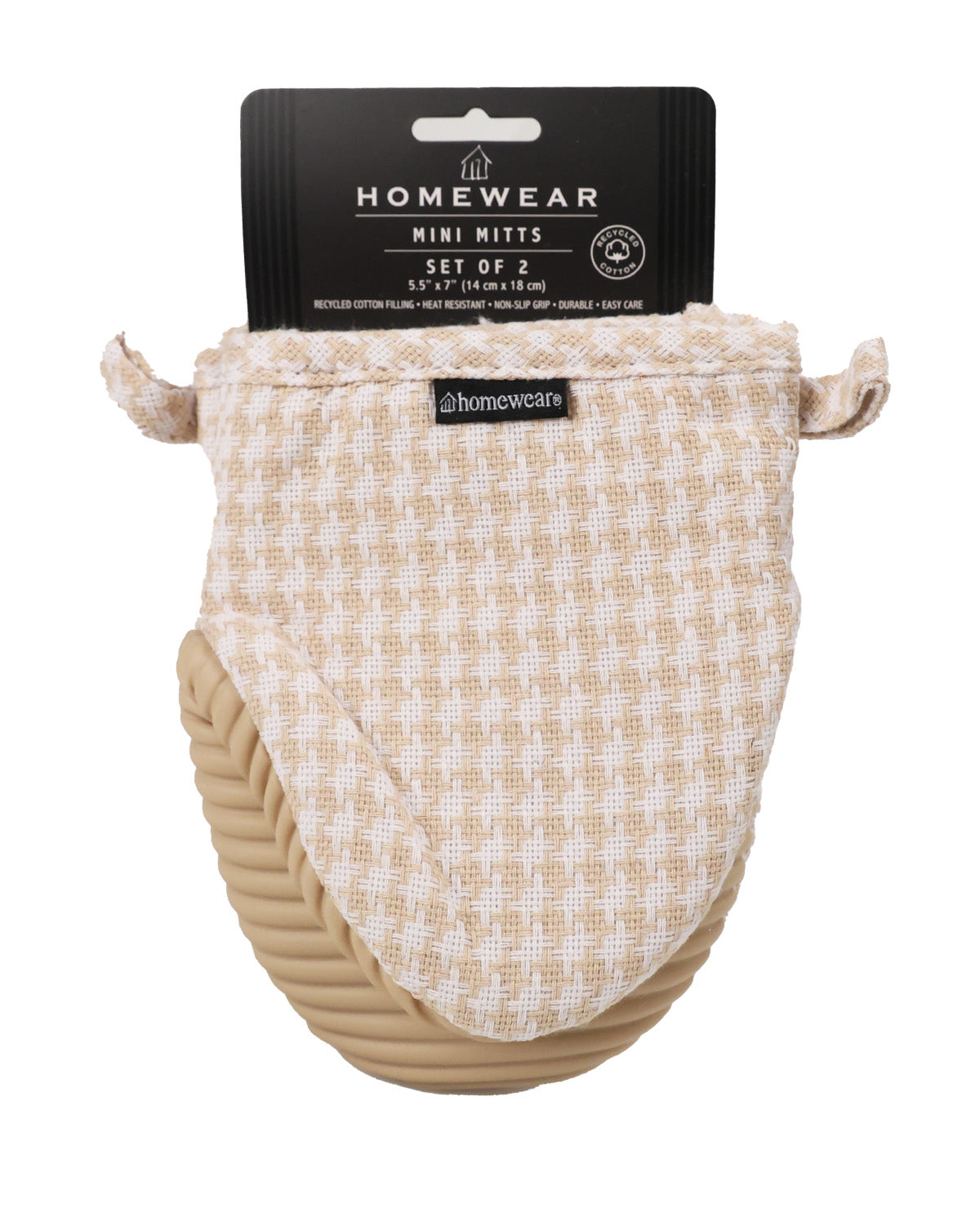 A set of two baby mini mittens by Homewear, featuring a beige and cream checkered fabric top with a soft tan braided mitt underneath, shown with its black retail packaging header card on a white background.