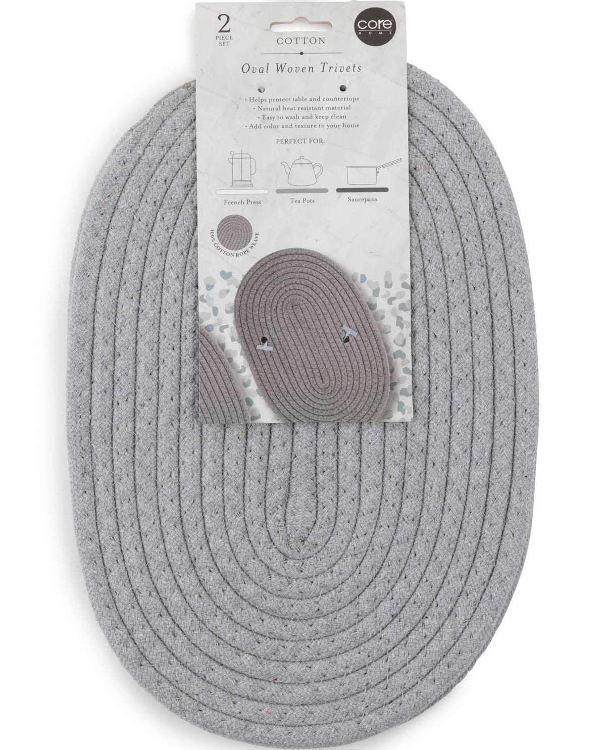A gray oval woven tri-fold doormat with its original white cardboard packaging, featuring the brand name 'core' and product details.