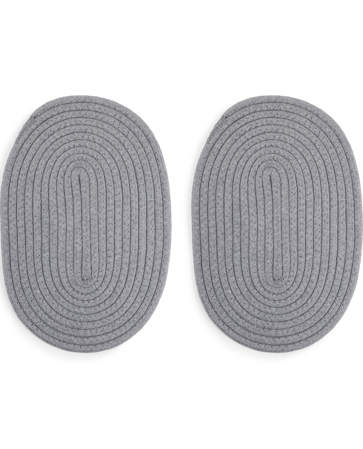 Two oval braided rug pucks in a heather gray color, shown side-by-side on a plain white background.