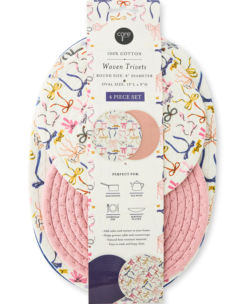 A 4-piece set of woven cotton trivets in a pastel multicolor floral pattern, shown with their white cardboard packaging label on a plain white background.