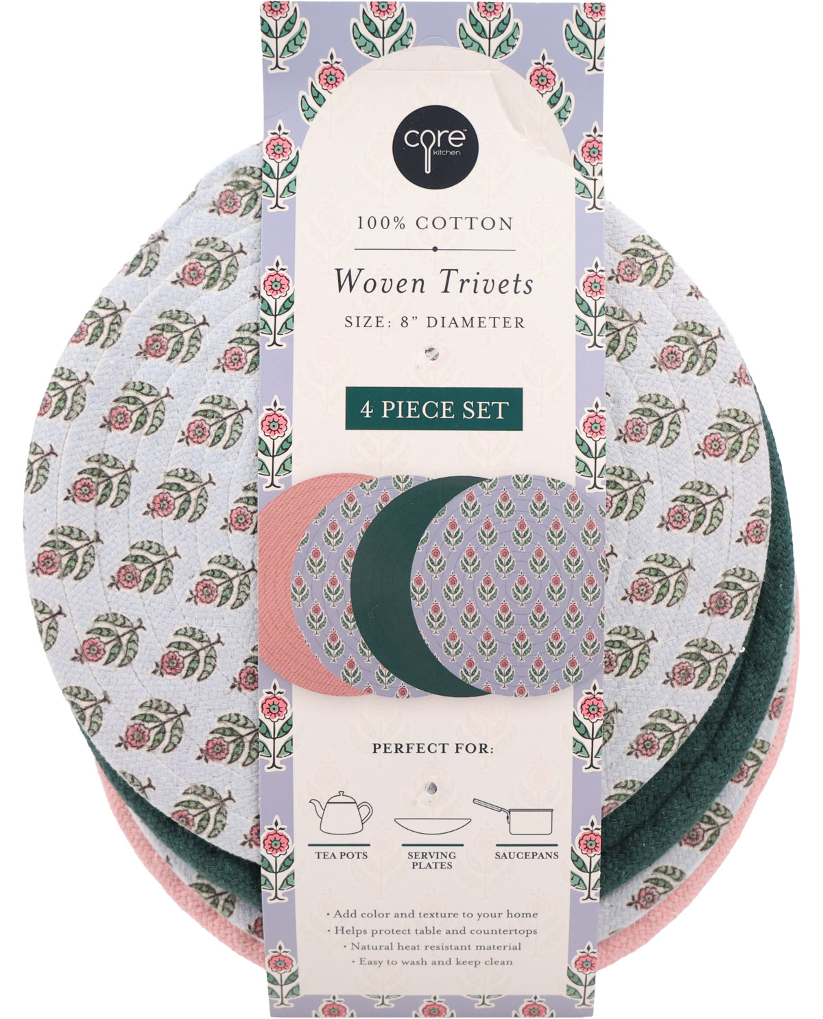 A 4-piece set of Core brand woven cotton trivets in a floral block-print pattern, packaged on a decorative cardboard sleeve. The set includes three trivets: one white with pink and green floral motifs, one dusty pink, and one dark green.