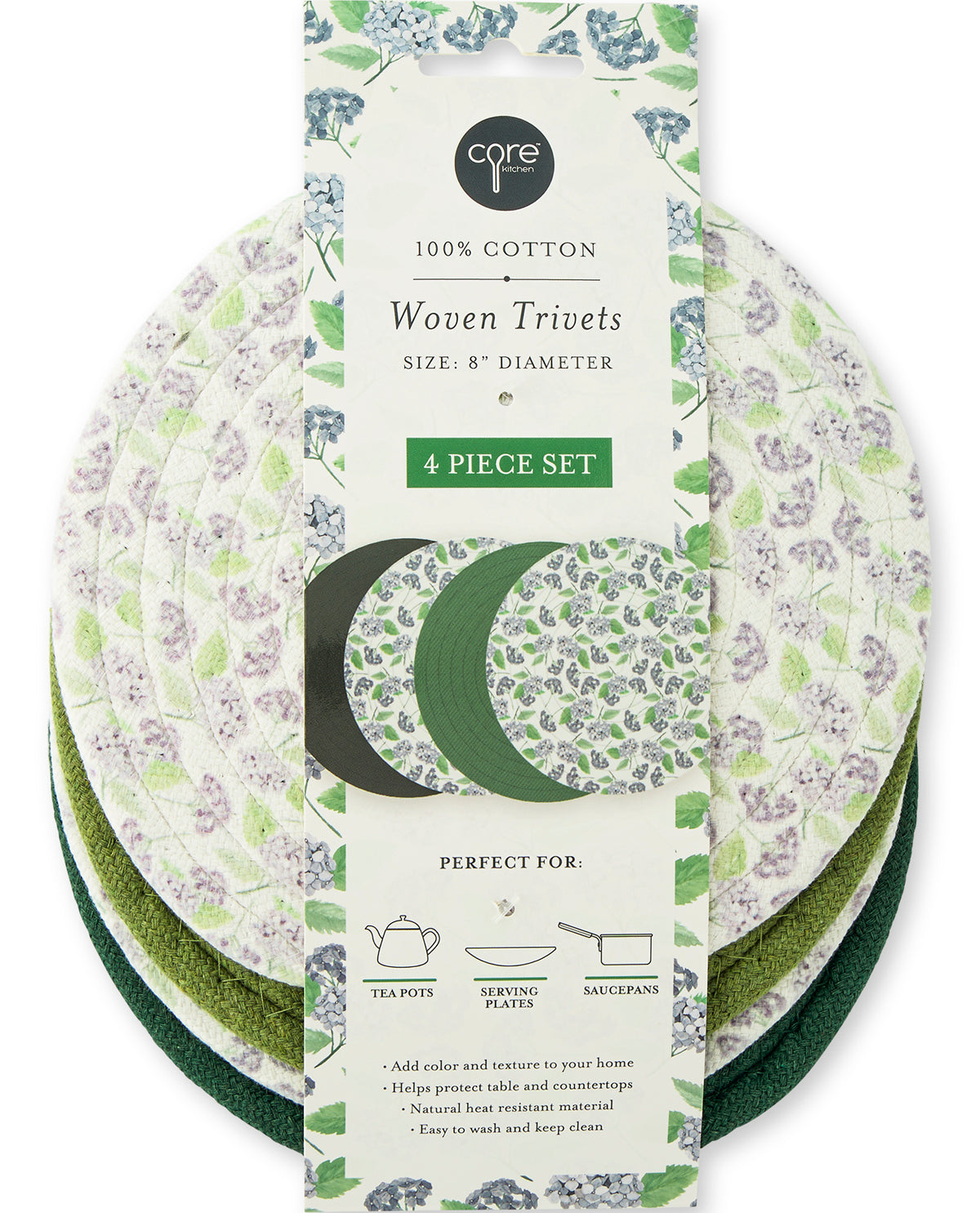 A 4-piece set of Core 1 cotton woven trivets in a green and purple floral pattern, packaged on a white cardboard sleeve with product details and care icons.