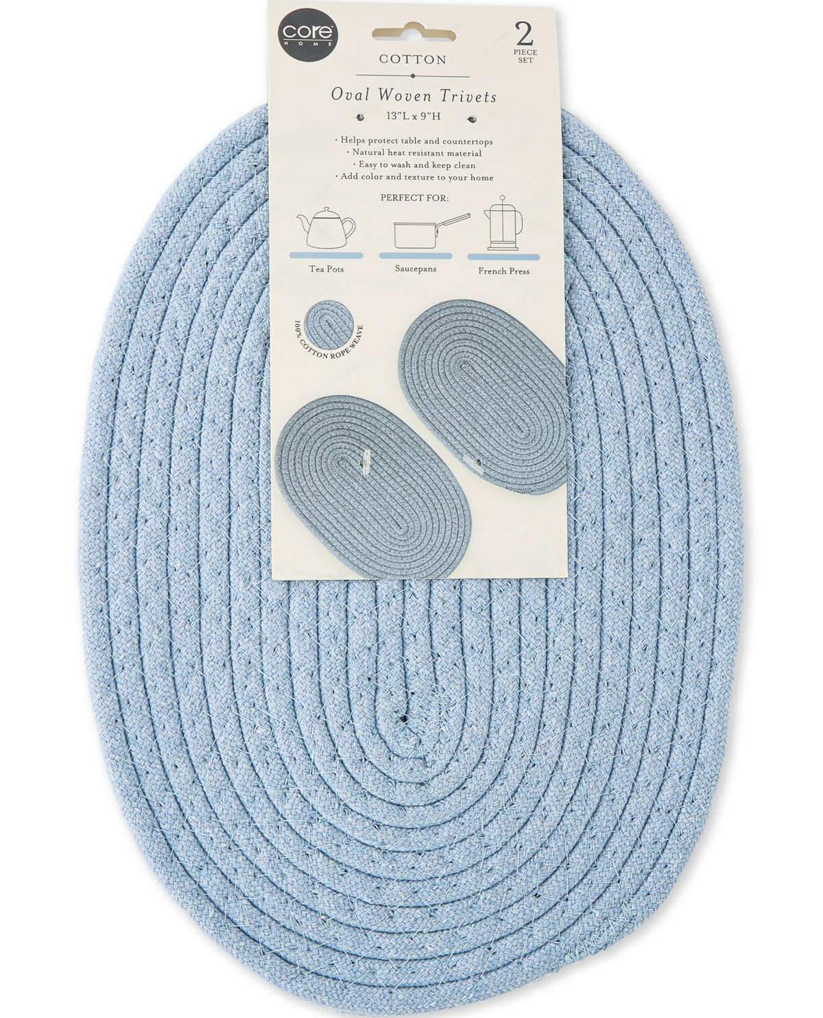 A light blue braided oval woven trivet set of two, attached to a white cardboard retail header card, photographed on a white background.