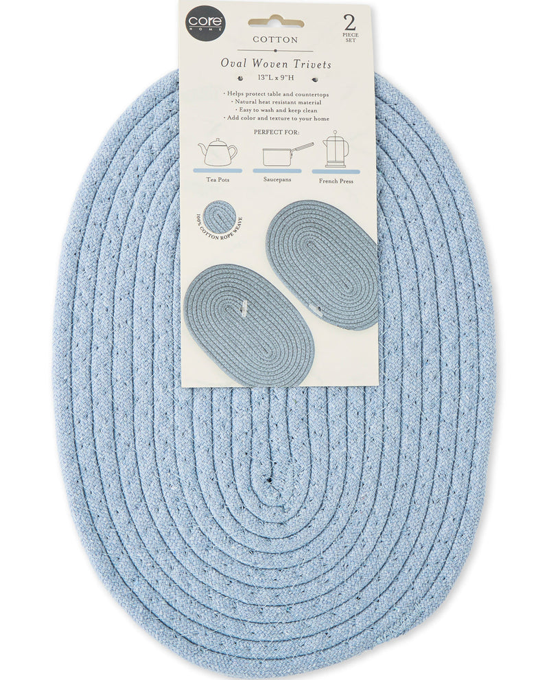 A light blue braided oval woven trivet set of two, attached to a white cardboard retail header card, photographed on a white background.