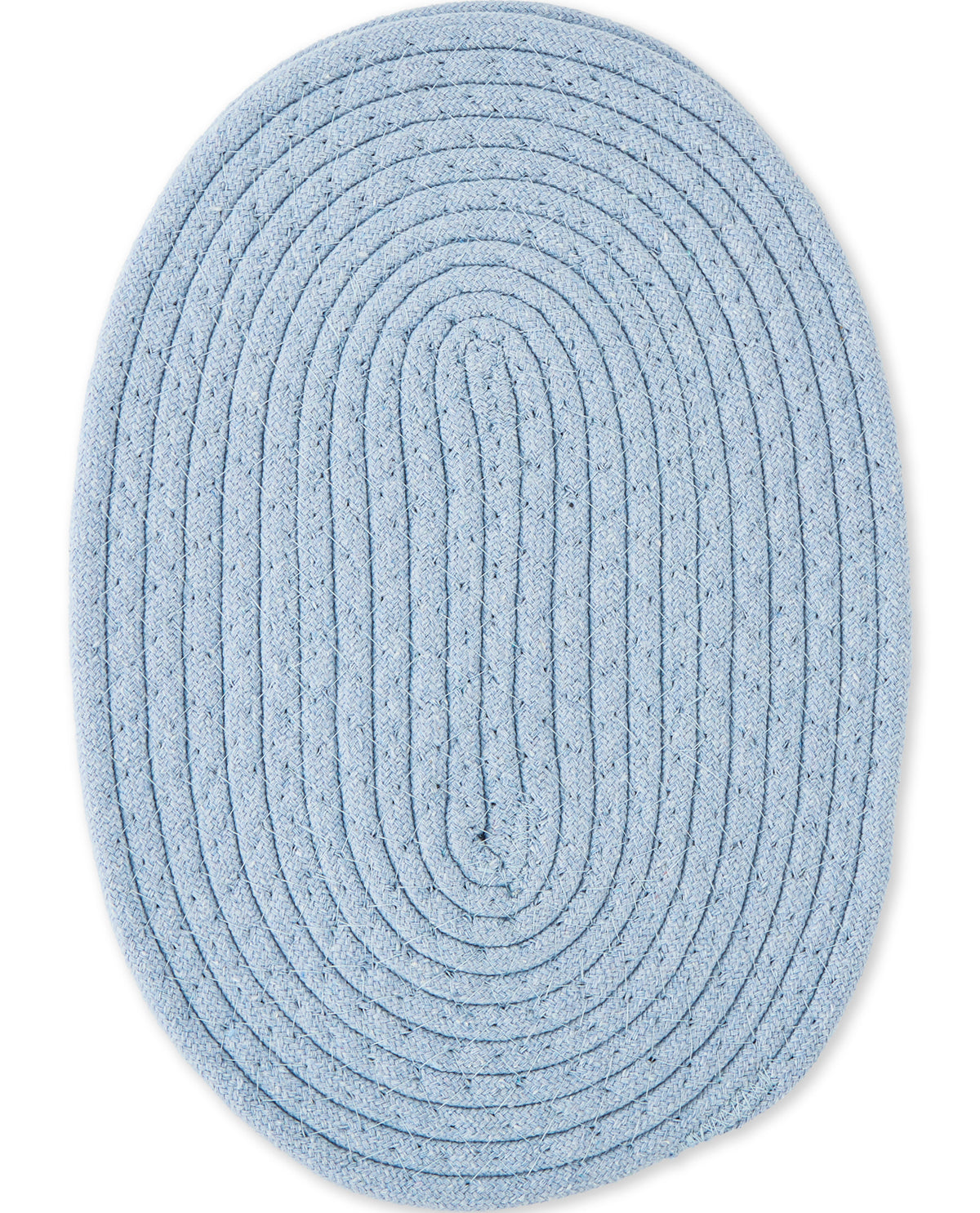 A light blue oval braided rug with concentric ribbed patterns, shown from a top-down view on a white background.