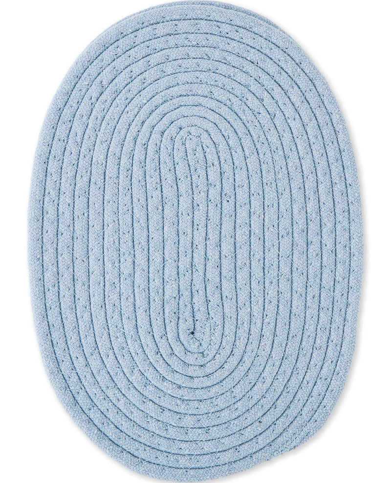 A light blue oval braided rug with concentric ribbed patterns, shown from a top-down view on a white background.