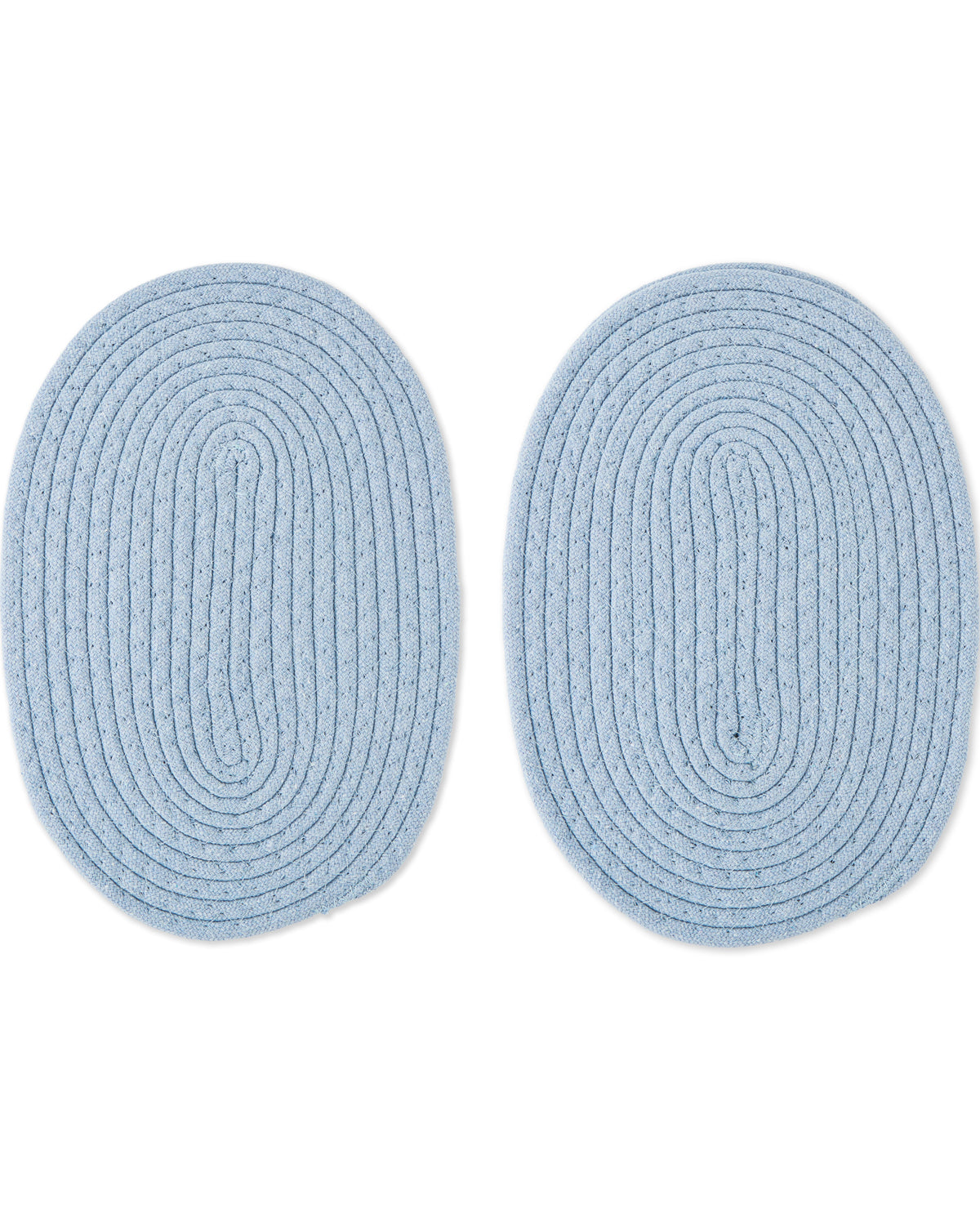 Two oval braided rope rugs in a light blue color, displayed side-by-side on a plain white background.