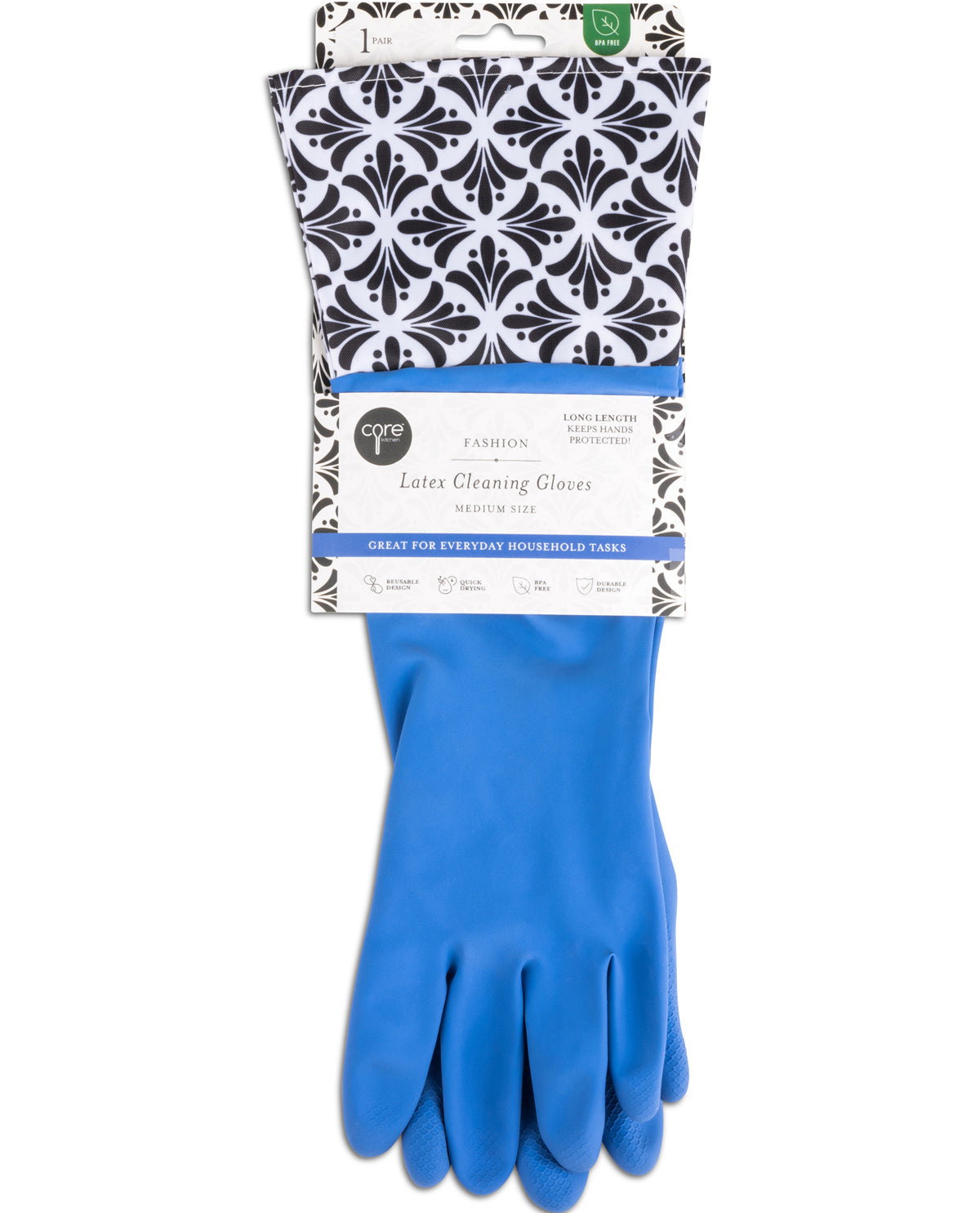 A pair of blue latex cleaning gloves in retail packaging with a black and white damask pattern header card. The packaging label reads 'eye T' and 'FASHION Lactes Cleaning Gloves'.