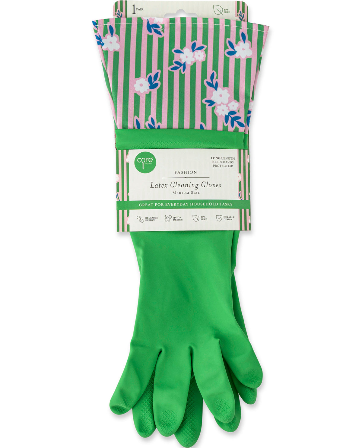 A pair of green latex cleaning gloves in retail packaging, featuring a green and pink striped floral header card.