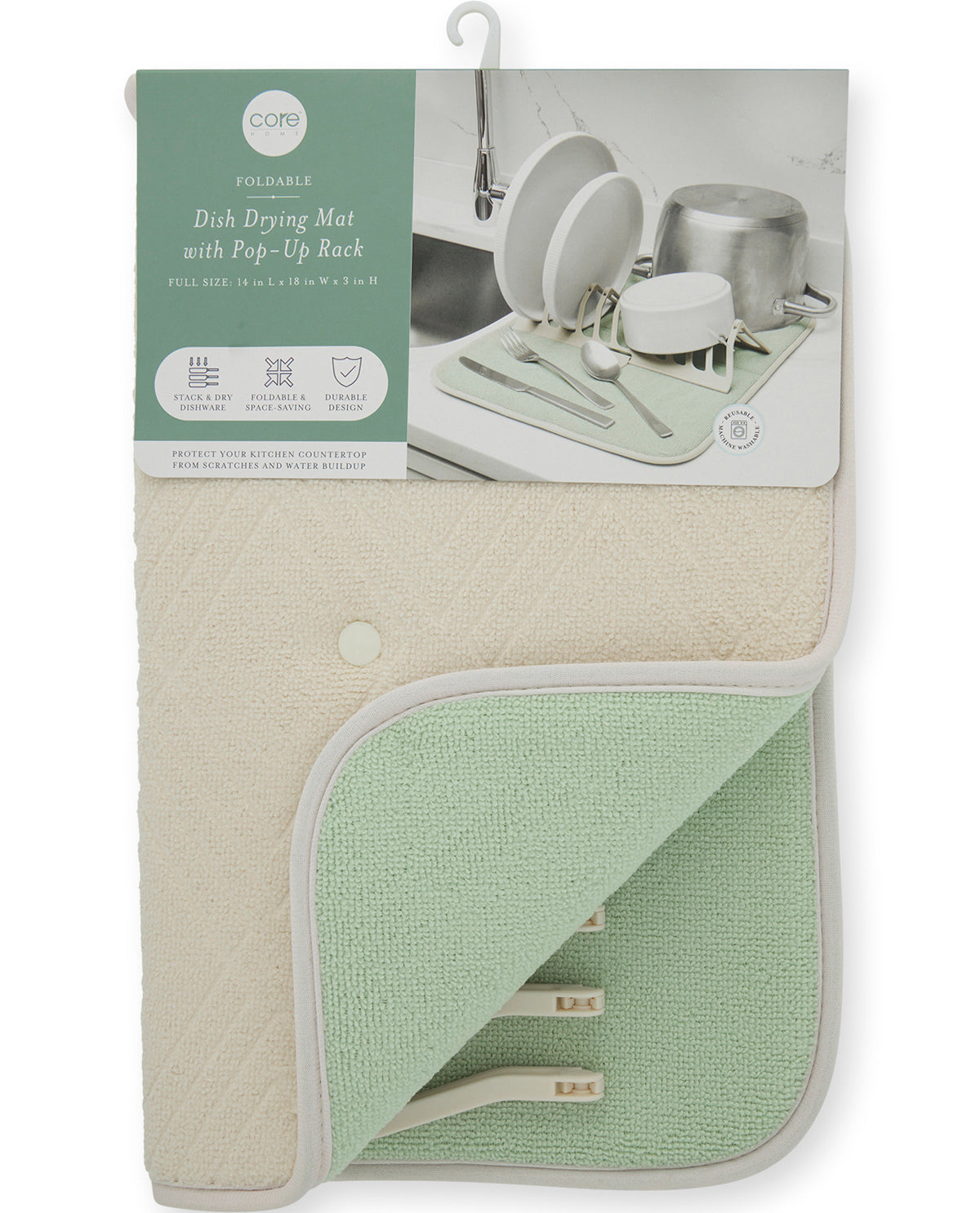 A packaged dish drying mat with a pop-up rack, shown hanging against a white background. The product is folded to reveal two main colors: a warm cream/beige side and a light mint green side.