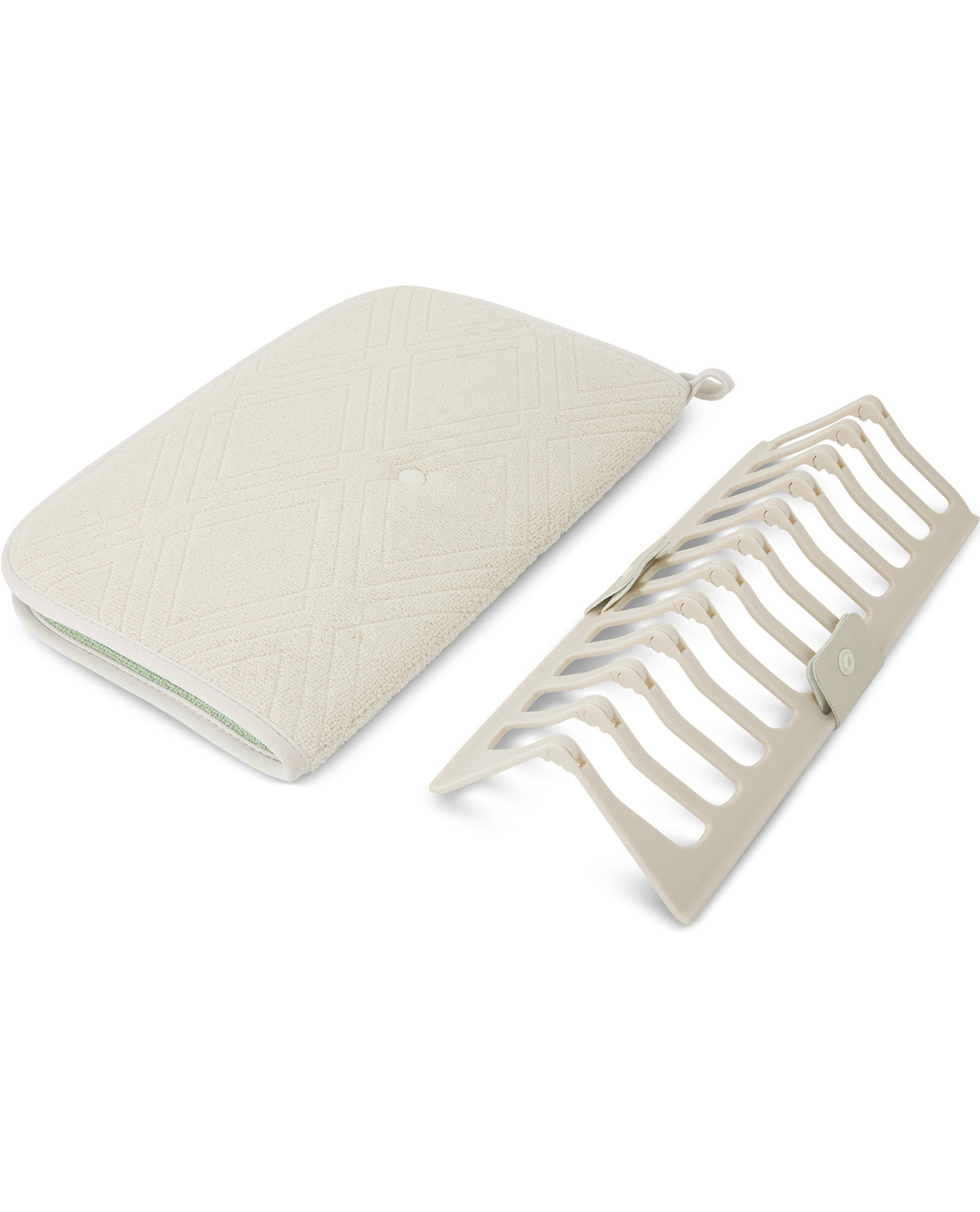 An off-white quilted zippered pouch with a diamond pattern next to a matching off-white plastic slide organizer, shown on a clean white background.
