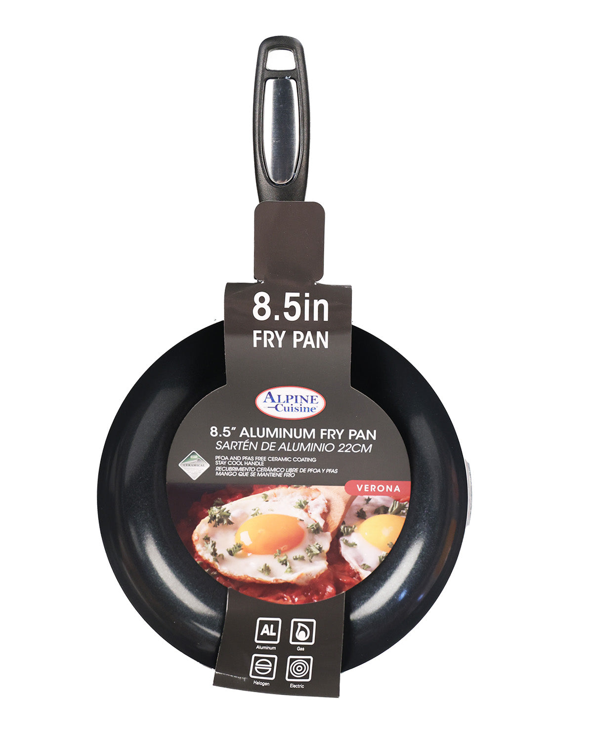 An 8.5-inch black aluminum fry pan with its retail packaging label attached, shown against a plain white background.