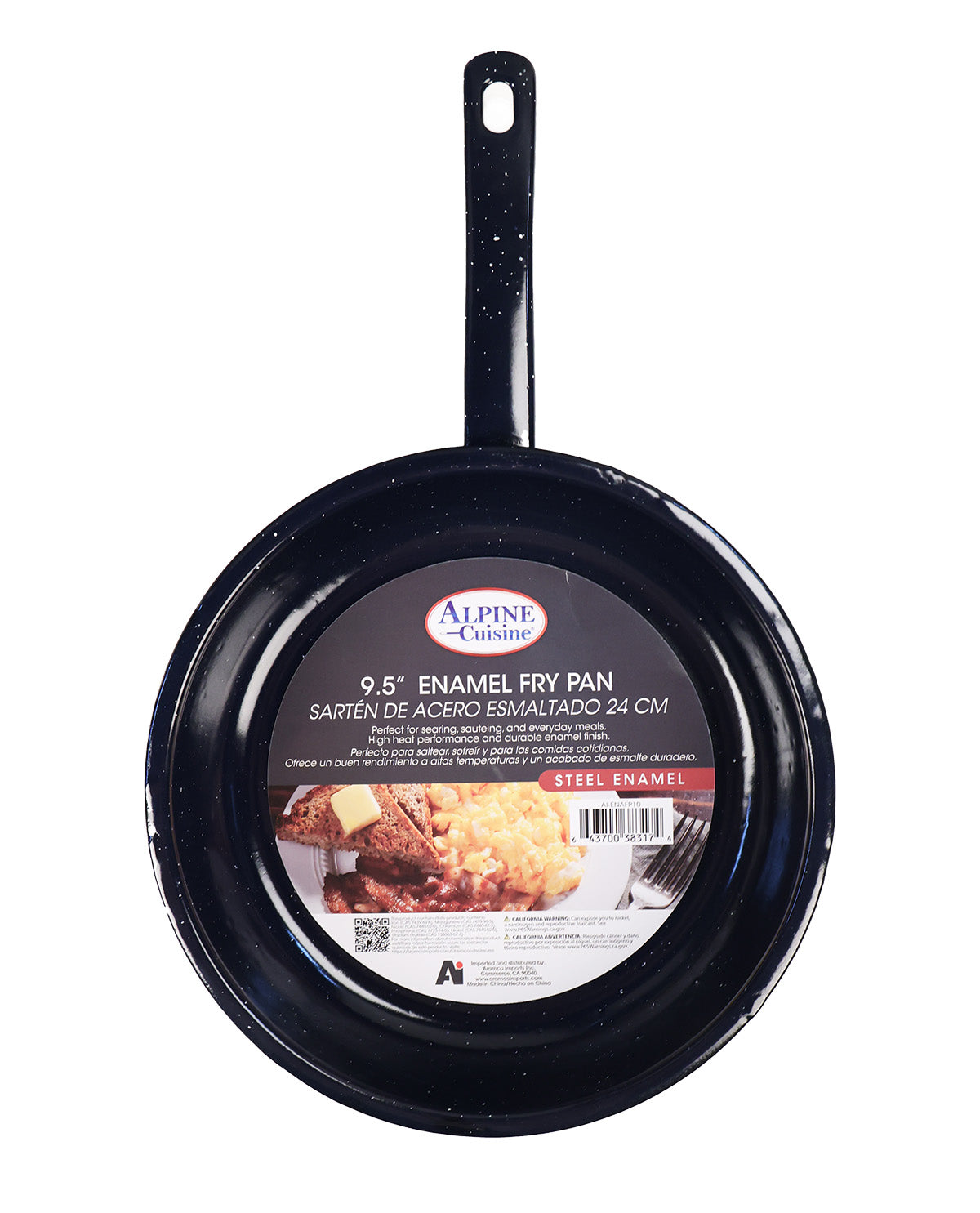 A 9.5-inch black enamel fry pan with a handle, shown on a plain white background with its retail label still attached.