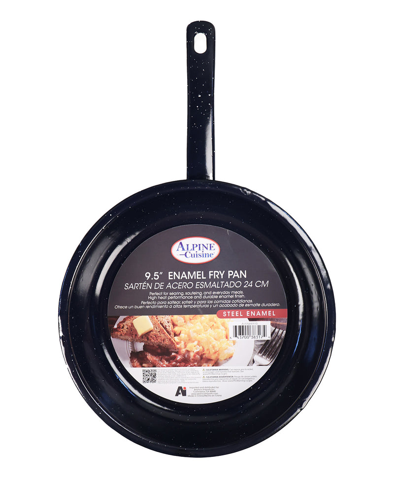 A 9.5-inch black enamel fry pan with a handle, shown on a plain white background with its retail label still attached.