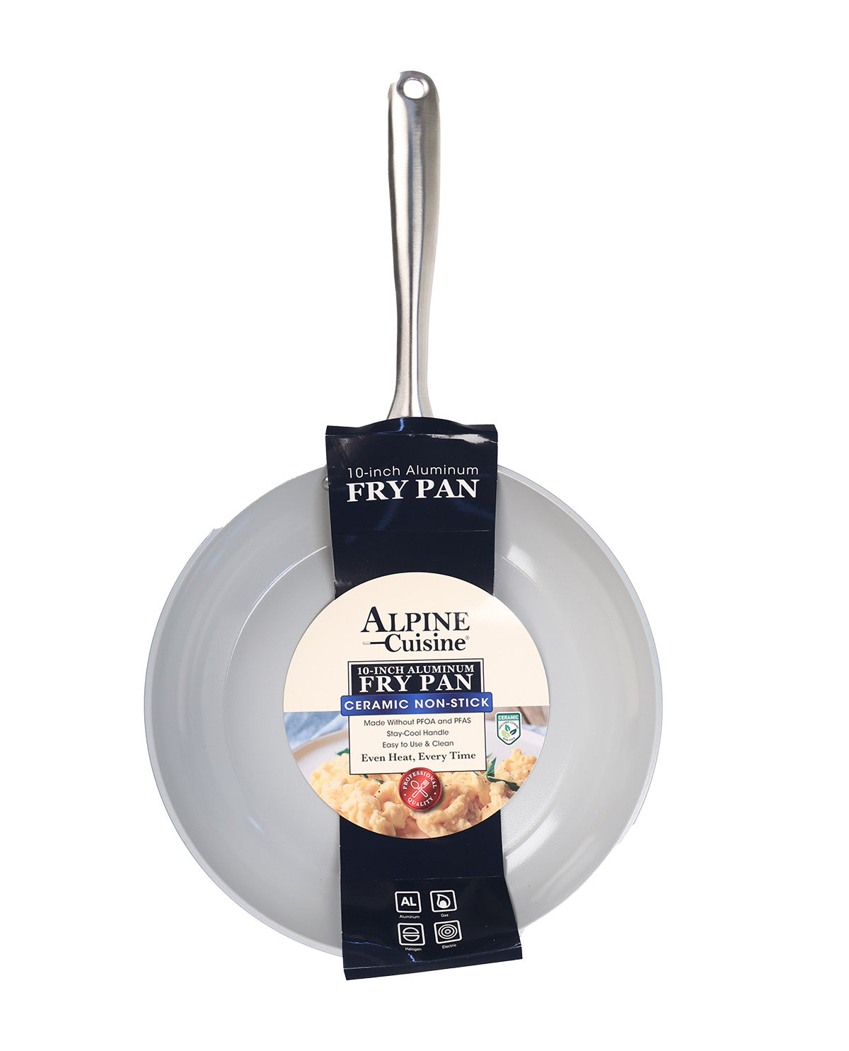 A 15-inch aluminum non-stick fry pan with a silver handle, wrapped in a black and white Alpine Cuisine brand paper sleeve, shown against a plain white background.