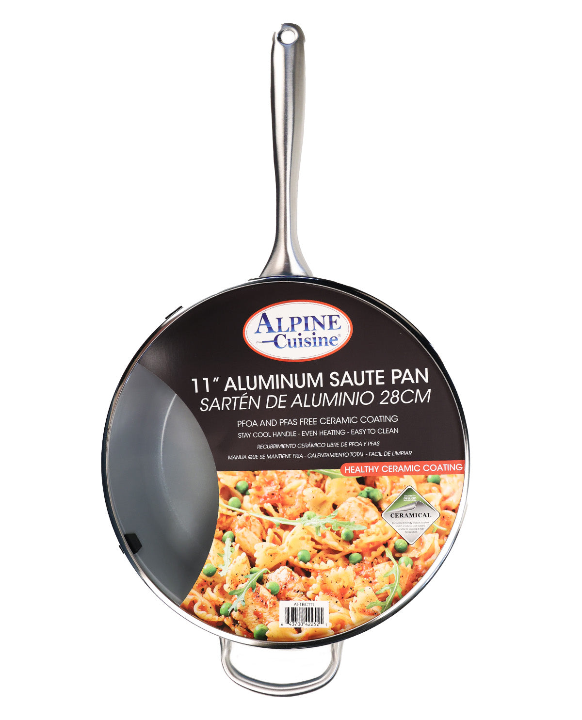 Alpine Cuisine 11-inch aluminum saute pan with a black ceramic-coated interior and a stainless steel handle, featuring a large product label on the front.