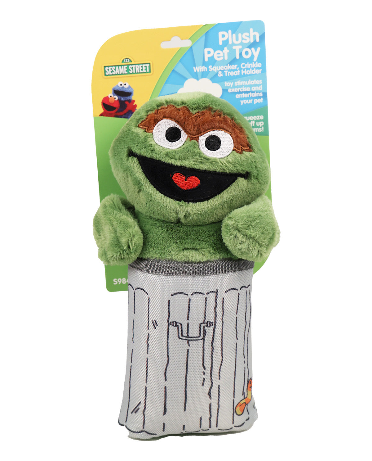 Sesame Street Oscar the Grouch plush pet toy with a gray trash can base, shown on its retail backing card against a white background.