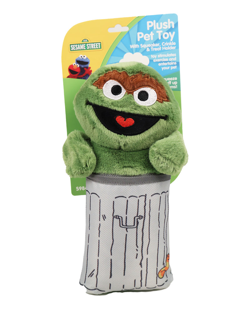 Sesame Street Oscar the Grouch plush pet toy with a gray trash can base, shown on its retail backing card against a white background.