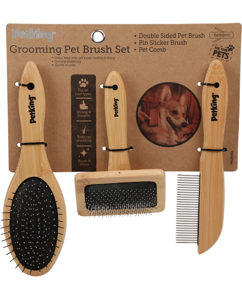 PetKing bamboo pet grooming brush set with a double-sided pet brush, pin sticker brush, and comb on a brown cardboard backing card.