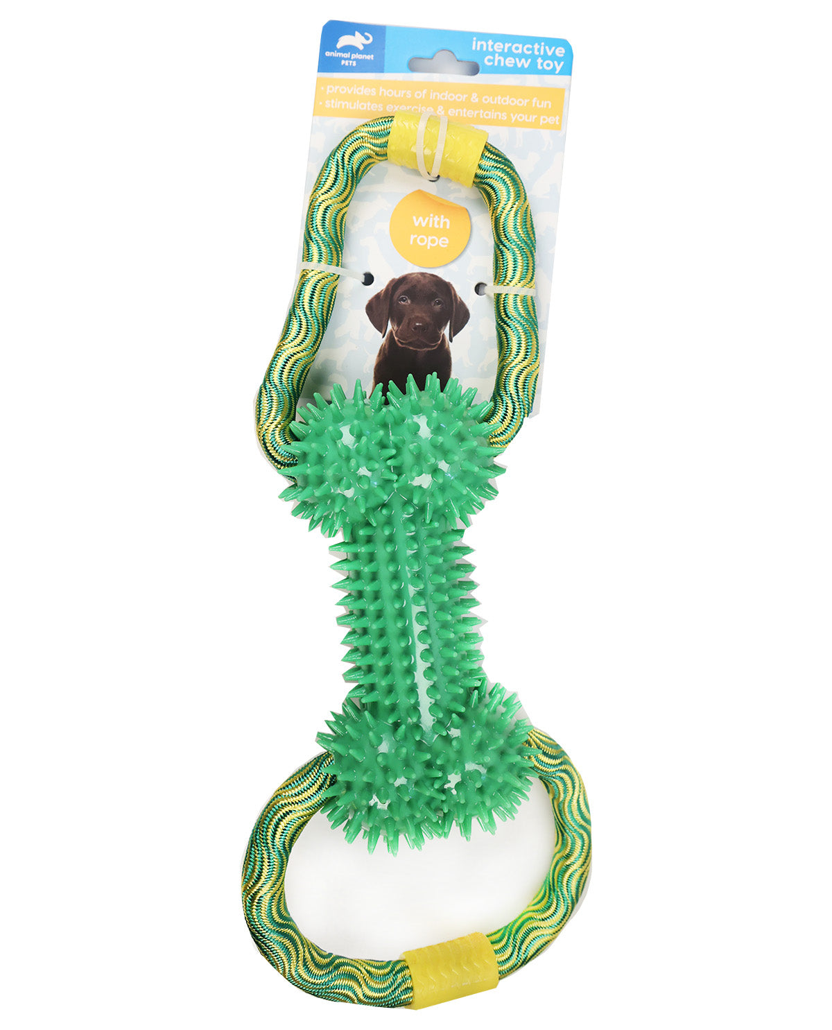 A green squeaky rubber dog toy with a wavy green and yellow rope attached, shown in its retail packaging on a white background. The packaging features a picture of a brown dog and text that reads 'interactive chew toy' and 'with rope'.