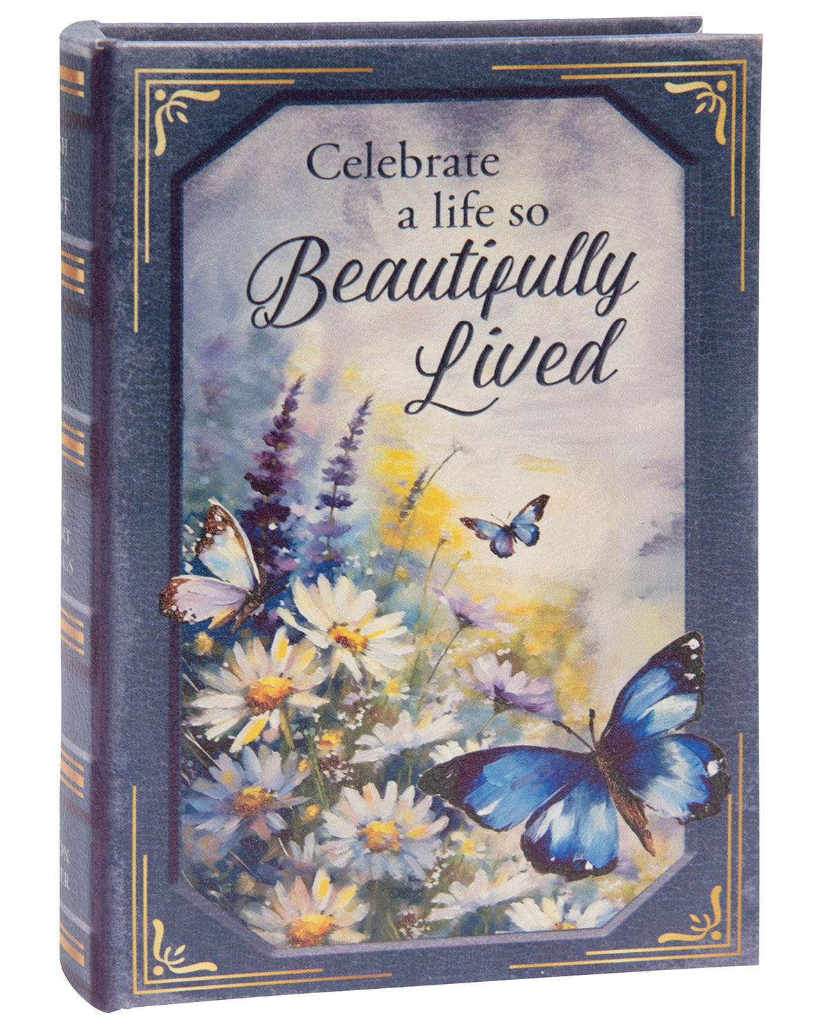 A decorative book-style box or gift box with a navy blue textured cover, gold border details, and an illustrated floral and butterfly scene on the front. The front text reads, 'Celebrate a life so Beautifully Lived.