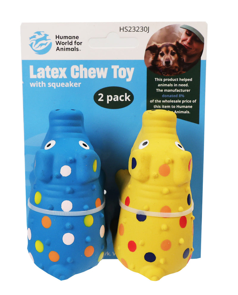 A 2-pack of Humane World for Animals latex chew toys with squeakers, featuring one blue toy and one yellow toy, both decorated with colorful polka dots, on a blue retail backing card.