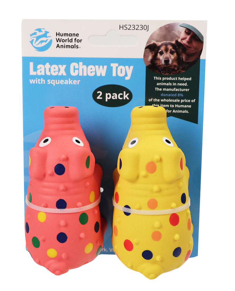 A 2-pack of Humane World for Animals latex chew toys with squeakers, featuring one pink toy and one yellow toy, both decorated with colorful polka dots, in their original retail blister packaging.