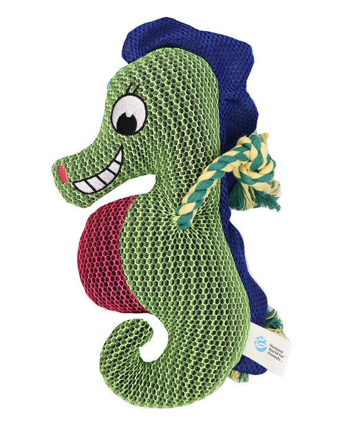 A green mesh seahorse dog toy with a blue tail, pink belly, yellow and green rope tail attachment, and a small white tag, shown on a plain white background.