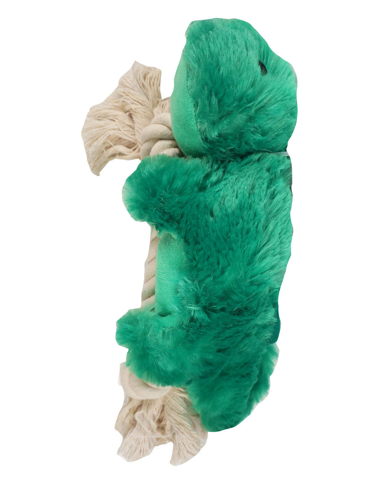 A green plush dog toy shaped like a frog or creature with a cream-colored rope tail, shown against a plain white background.