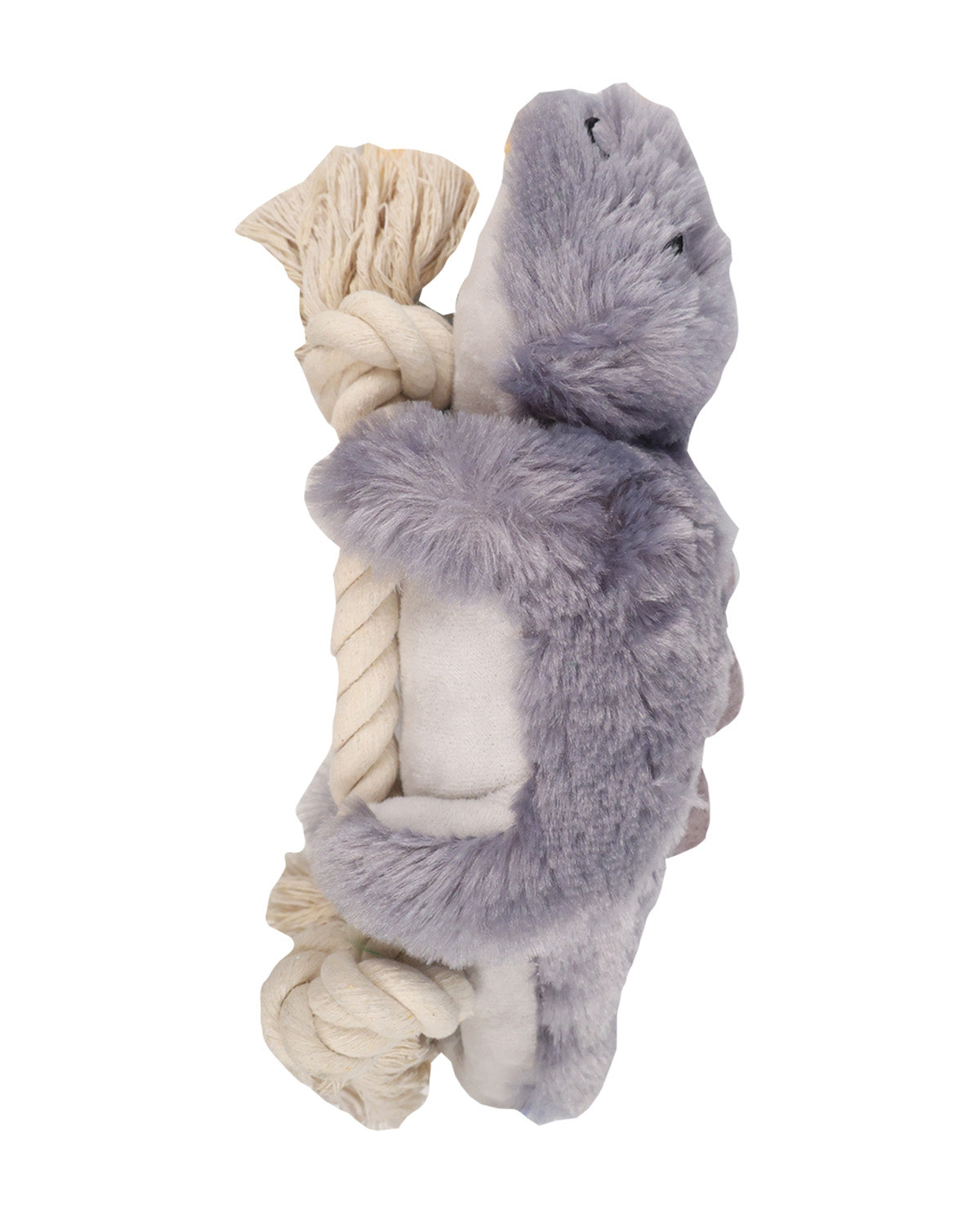 A plush dog toy shaped like a small shark or sea creature wrapped around a thick cream-colored rope, shown on a plain white background.