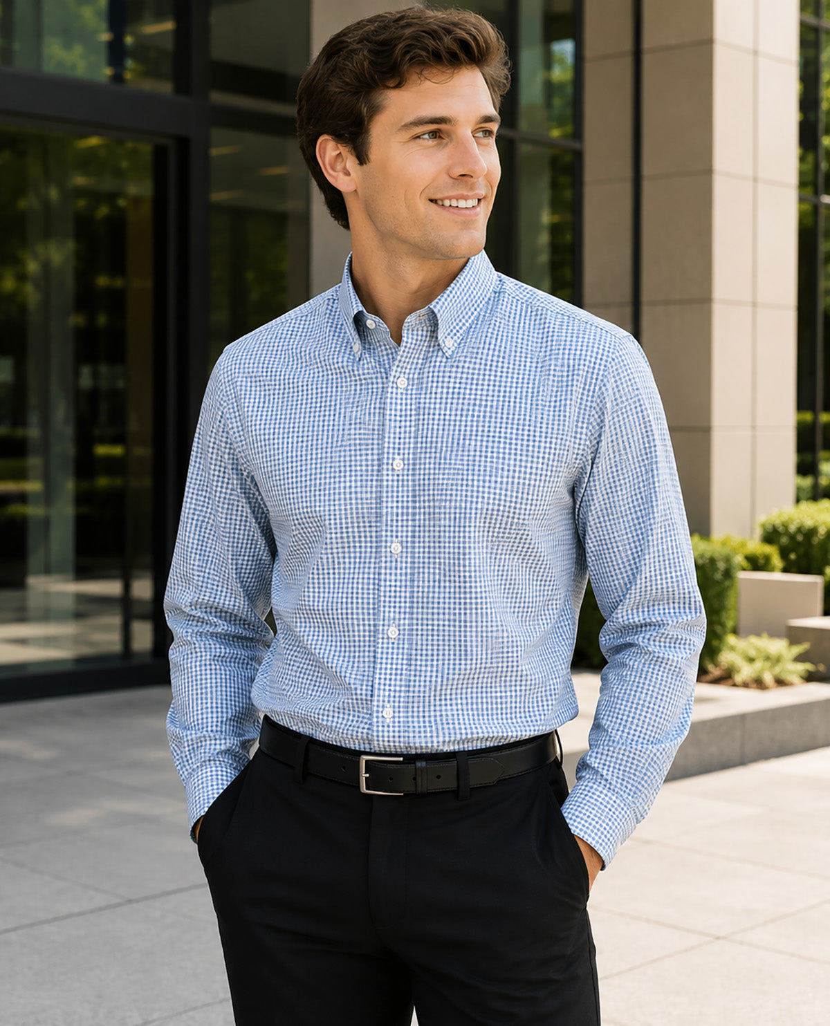 A man wearing a light blue and white micro-check patterned button-down shirt, paired with black trousers and a black belt, standing outdoors in front of a modern glass building.