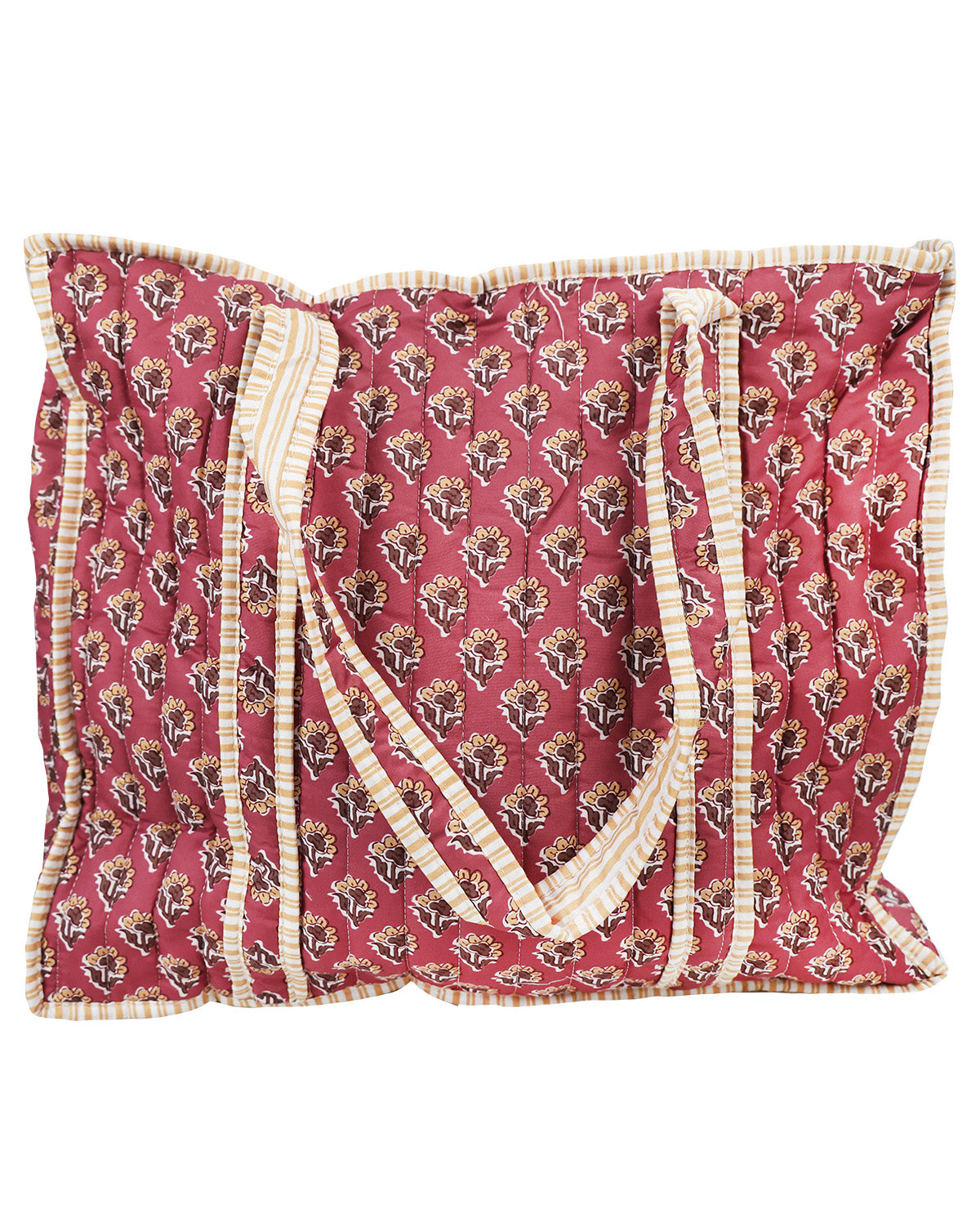 A square tote bag with a red floral block print and cream striped borders, shown against a plain white background.