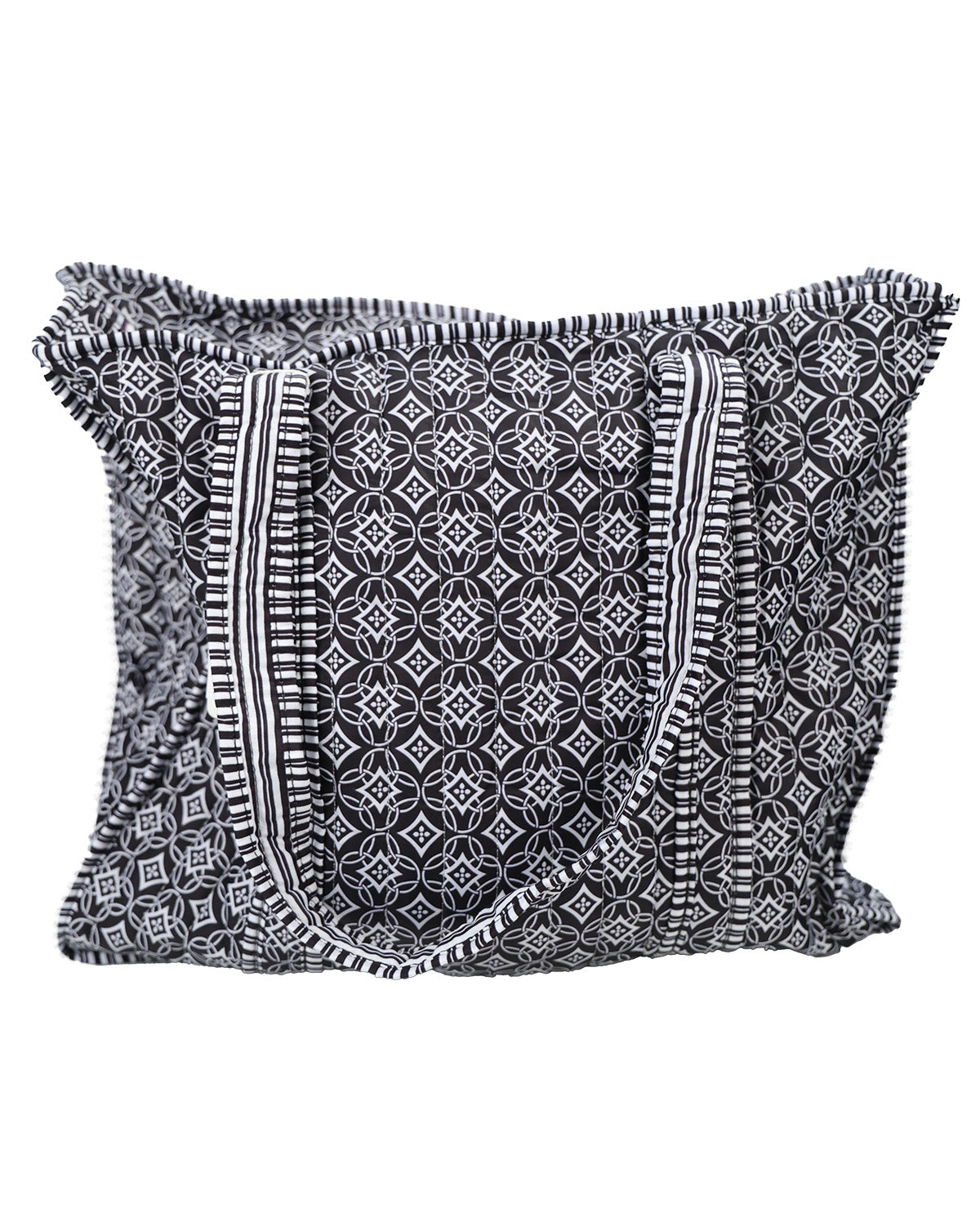 A square black and white patterned tote bag with fringed edges and integrated shoulder straps, shown against a plain white background.
