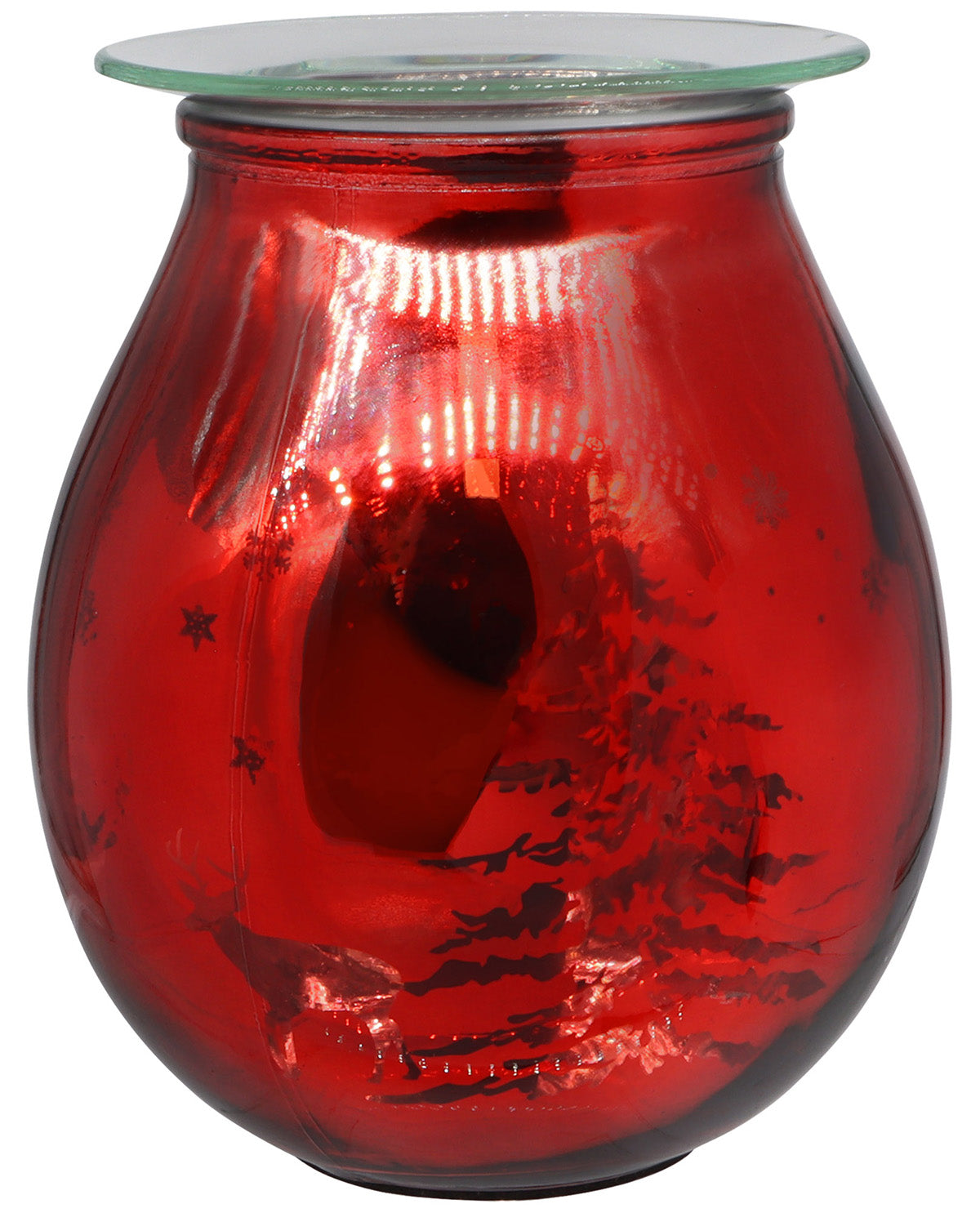 A red glass vessel with a rounded bulbous body, a clear glass rim at the top, and dark printed decorative graphics on the front, shown against a plain white background.