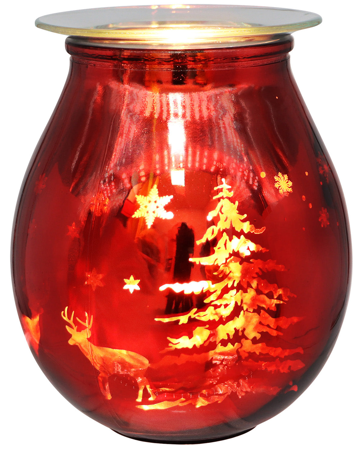 A red glass candle holder with a clear glass lid, featuring a warm white light inside that illuminates a Christmas tree, snowflakes, a deer, and a cabin silhouette.