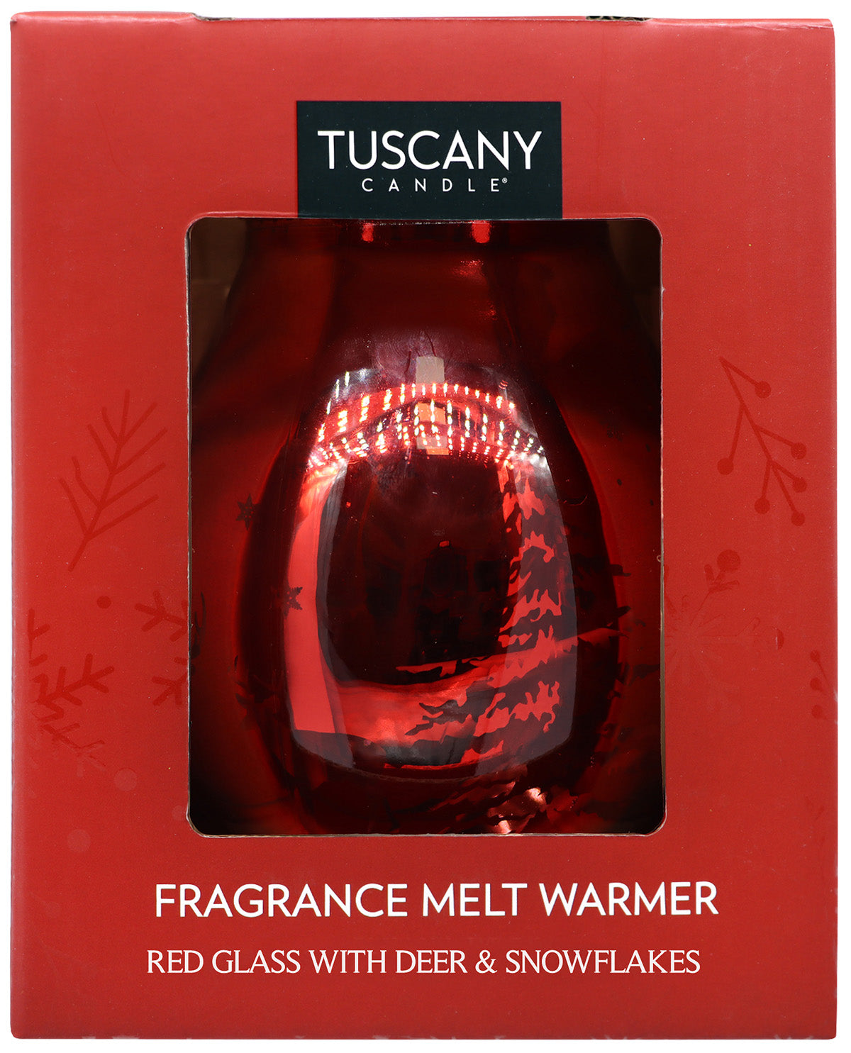 Tuscany Candle fragrance melt warmer in a red glass bottle with deer and snowflake designs, presented in its red retail box with a clear window.
