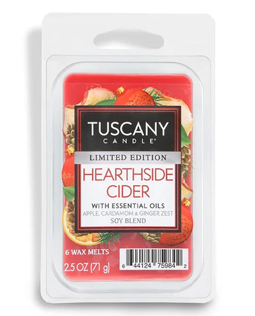 Tuscany Candle Limited Edition Hearthside Cider soy wax melts in a clear plastic clamshell package with a red and white label and fruit illustrations.