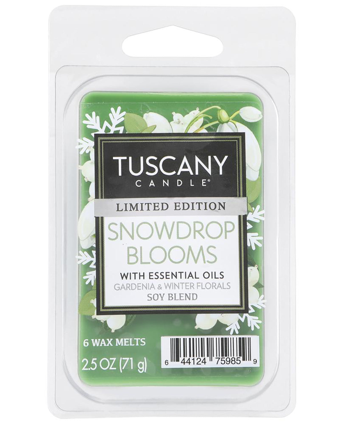 Tuscany Candle Snowdrop Blooms limited edition wax melts in a clear plastic clamshell package with a green and white floral label.