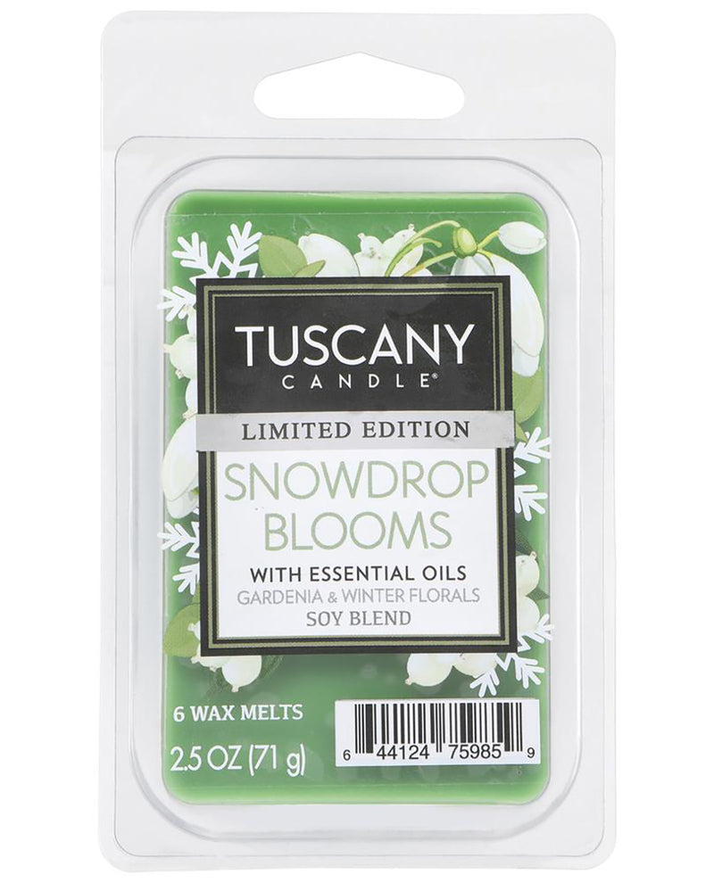 Tuscany Candle Snowdrop Blooms limited edition wax melts in a clear plastic clamshell package with a green and white floral label.